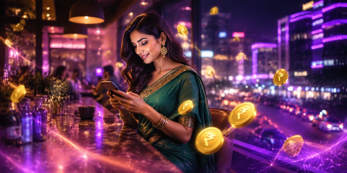 Elegant Indian woman using mobile casino app on MG Road Bangalore