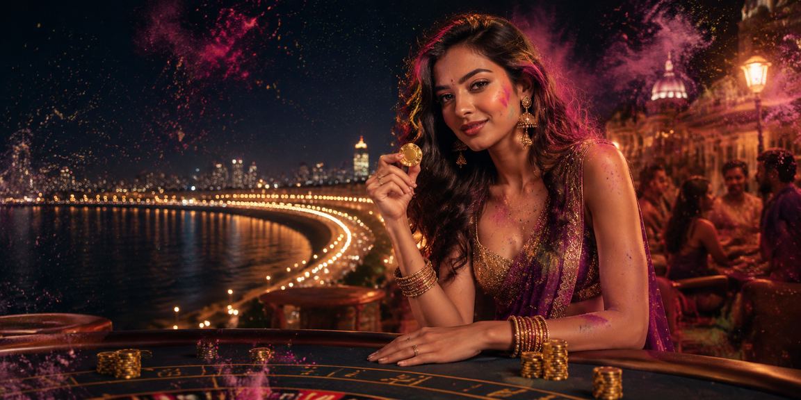 Player enjoying live casino games on mobile near Mumbai Marine Drive during Holi festival